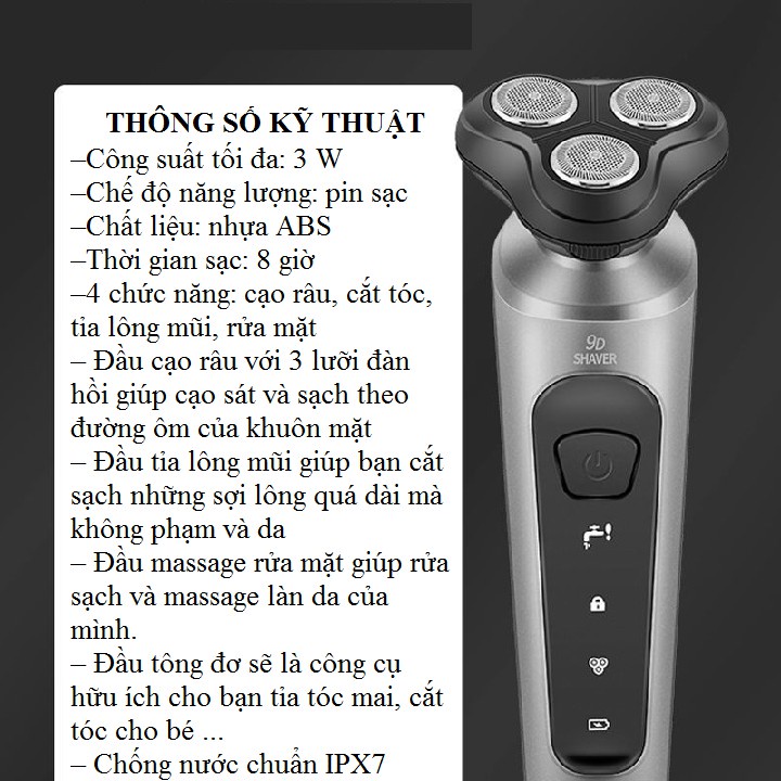 Máy cạo râu điện Shaver 9D 3 trong 1 dao cạo râu đa năng dành cho nam giới pin sạc có bảo hành tại kho hàng giá rẻ VN