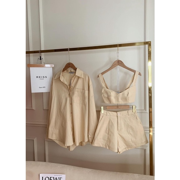 Set 3 món cực cá tính áo sơ mi phối áo dây croptop kèm quần short