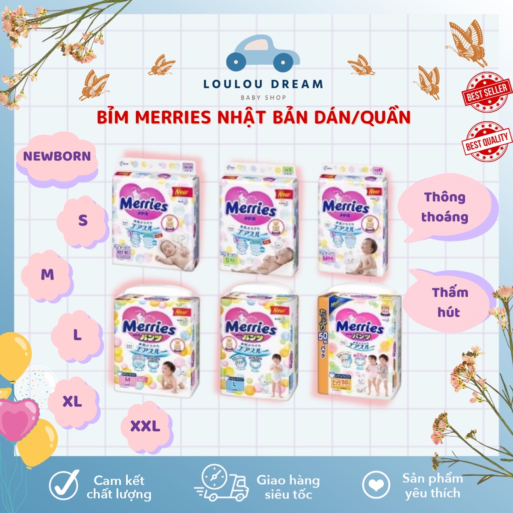 Bỉm Merries cộng miếng nội địa Nhật Bản đủ size Dán/Quần NB96/S88/M68/M64/L58/L50/XL44/XXL28