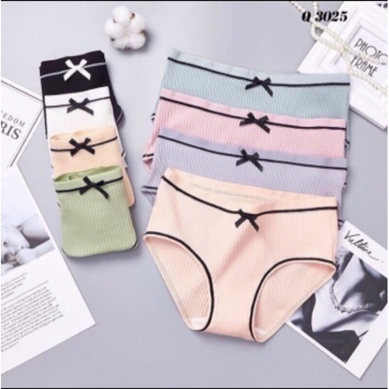 ♥️ Quần Lót Nữ ♥️ Combo 5 Quần lót cotton chíp kute gân tăm trơn viền nơ phối