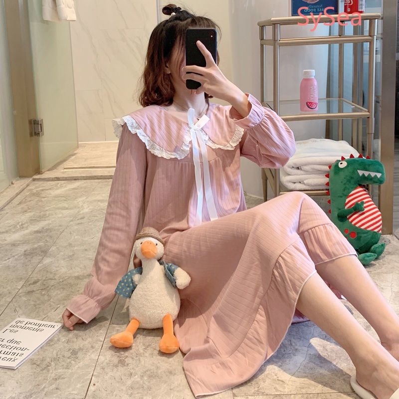 Đầm ngủ tay dài dáng rộng thiết kế thắt nơ thời trang dễ thương cho nữ