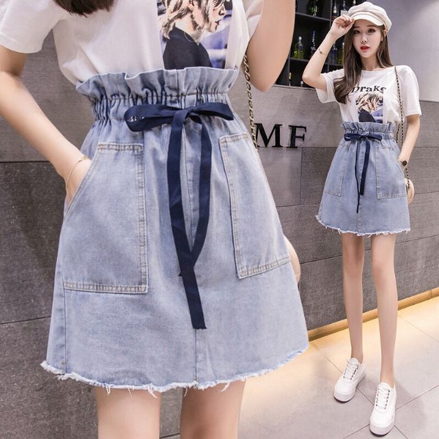 Chân váy jean chun eo nơ xinh kèm ảnh thật | BigBuy360 - bigbuy360.vn