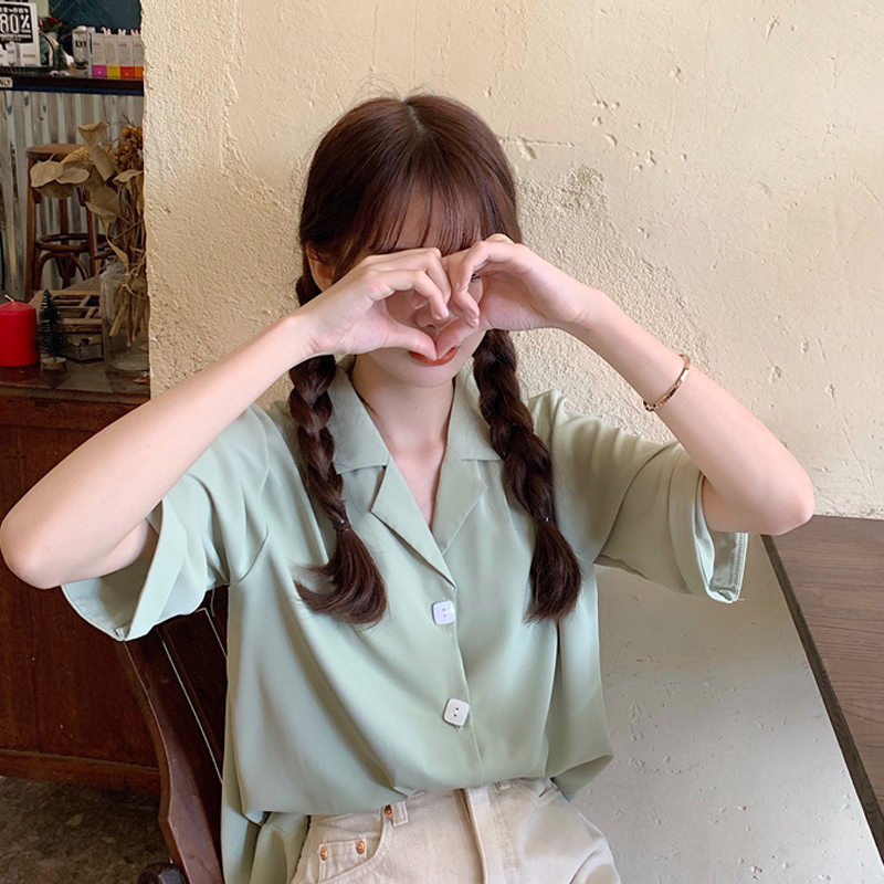 Áo sơ mi tay ngắn cổ polo phong cách retro Hàn Quốc cho nữ