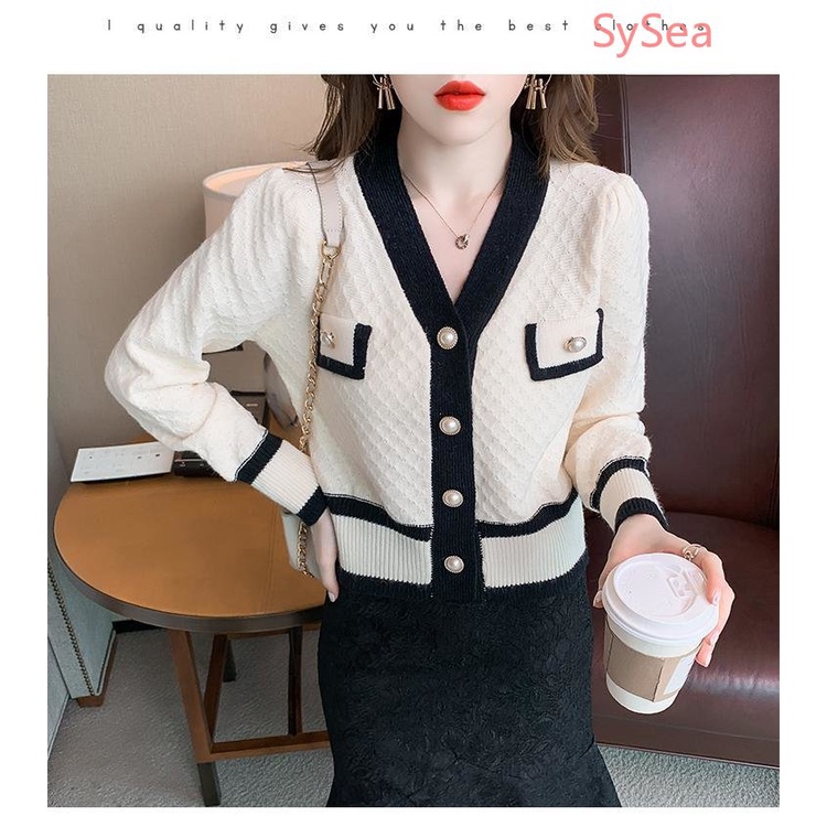 Áo Khoác Cardigan Dệt Kim Đính Ngọc Trai Thời Trang Thu Đông Cho Nữ