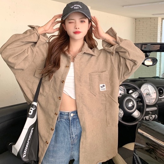 ZHELIHANGFEI Áo Sơ Mi Dài Tay Dáng Rộng Phối Túi Cá Tính Theo Phong Cách Nhật Bản