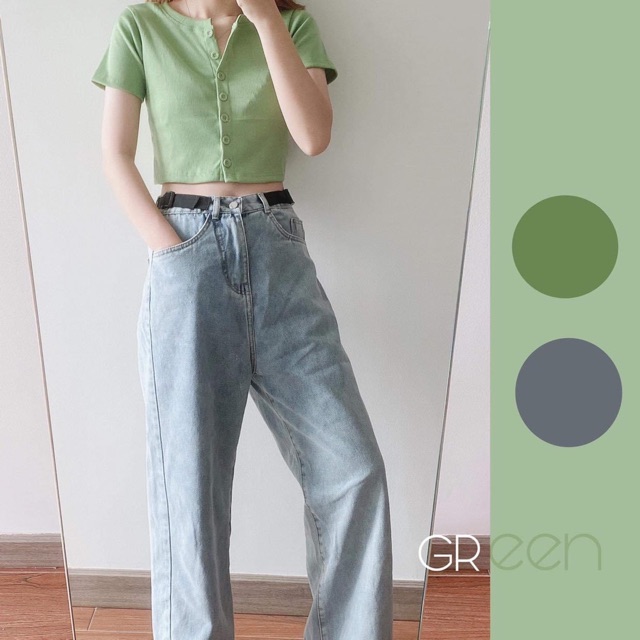 Set croptop len gân + Jean ống rộng lưng dây đen rút