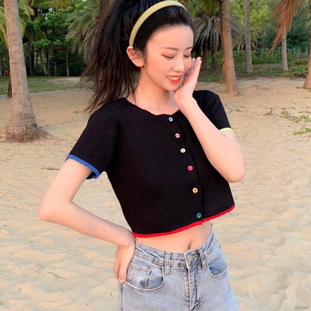 [Mã FASHIONT4WA2 giảm 10K đơn 50K] Áo Croptop thun giấy phối viền cúc cầu vồng | BigBuy360 - bigbuy360.vn