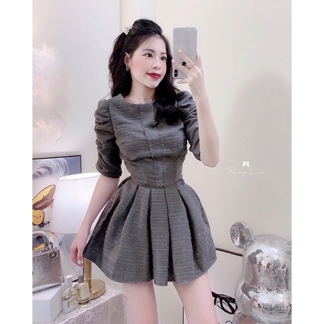 Set dạ áo tay dúm + chân váy xếp li - Phong cách Hàn Quốc - Độ dài trung bình