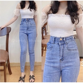 Set jeans dài lưng cao co giãn + áo bẹt vai nhún tay ngắn