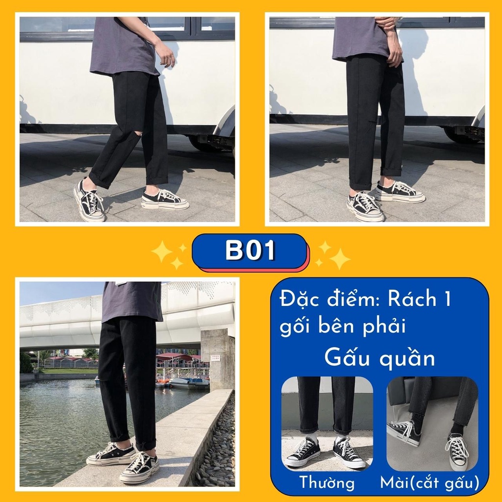 [Tiền Nào Của Đấy]Quần Jean Baggy Nam Ống Rộng Cắt Gấu Đen Trơn Không Phai Màu Vải Co Giãn