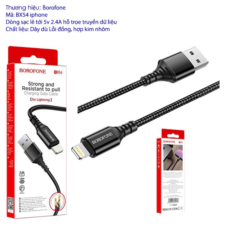 Cáp Sạc Iphone Borofone BX54💝CAO CẤP💝Dây Sạc Nhanh Dây Dù, Chống Đứt Cho Iphone/ Android Dài 1M - Bảo Hành Chính Hãng