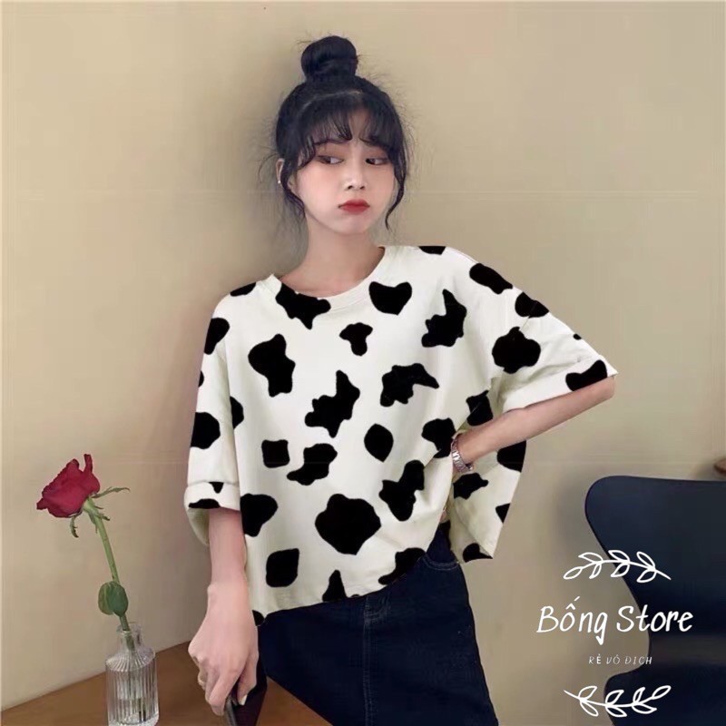 [Rẻ Vô Địch] Áo thun cotton tay lỡ Unisex -- Loang Bò Sữa Dáng CROPTOP