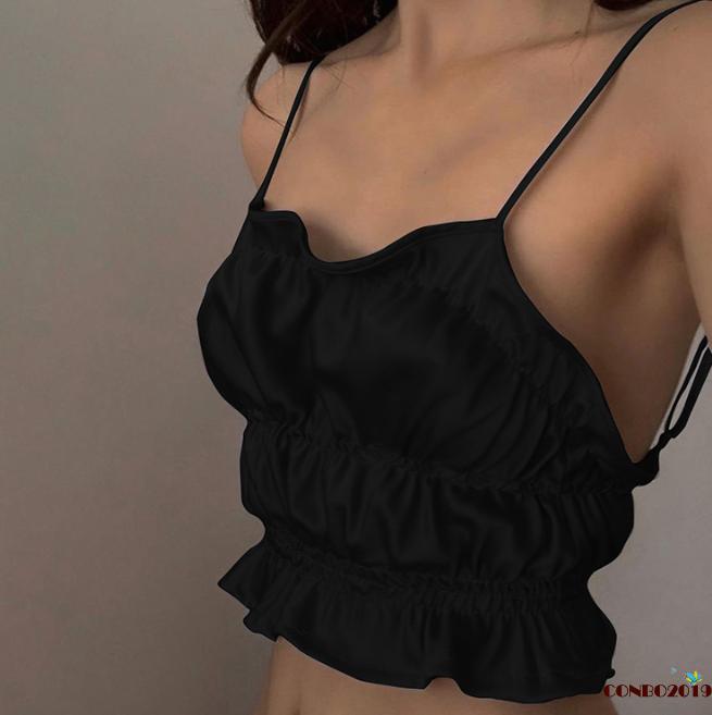 Áo Lửng Hai Dây Xếp Nếp Màu Trơn Gợi Cảm Cho Nữ