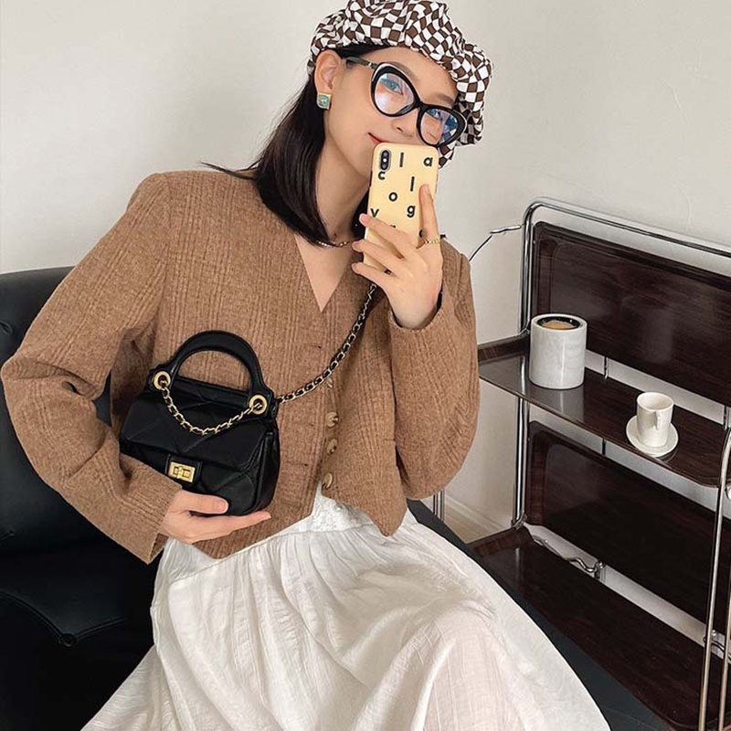 Túi xách IELGY nhỏ đeo chéo vai có khóa phối dây xích và họa tiết hình thoi sang trọng cho nữ