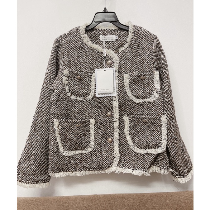[Sẵn] Áo dạ tweed tua rua cổ tròn cúc ngọc, áo khoác dạ hàn Quảng Châu (ảnh thật)
