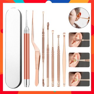 Bộ 7 Dụng Cụ Lấy Ráy Tai Có Đèn LED Bằng Thép Không Gỉ Màu Vàng Hồng [ FULLBOX ] Tặng Kèm 2 Pin AAA + 1 Móc KHóa