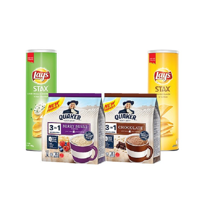 Combo:2 túi yến mạch Quaker 3in1 vị Chocolate &amp; Berry + 2 hộp Lay's Stax Khoai Tây Miếng Vị Tự Nhiên &amp; Kem Chua Hành