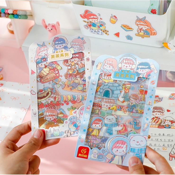 Set 4 Miếng Sticker Nhãn Dãn Tem Cô Bé Nhật Bản Theo Chủ Đề Cực Dễ Thương