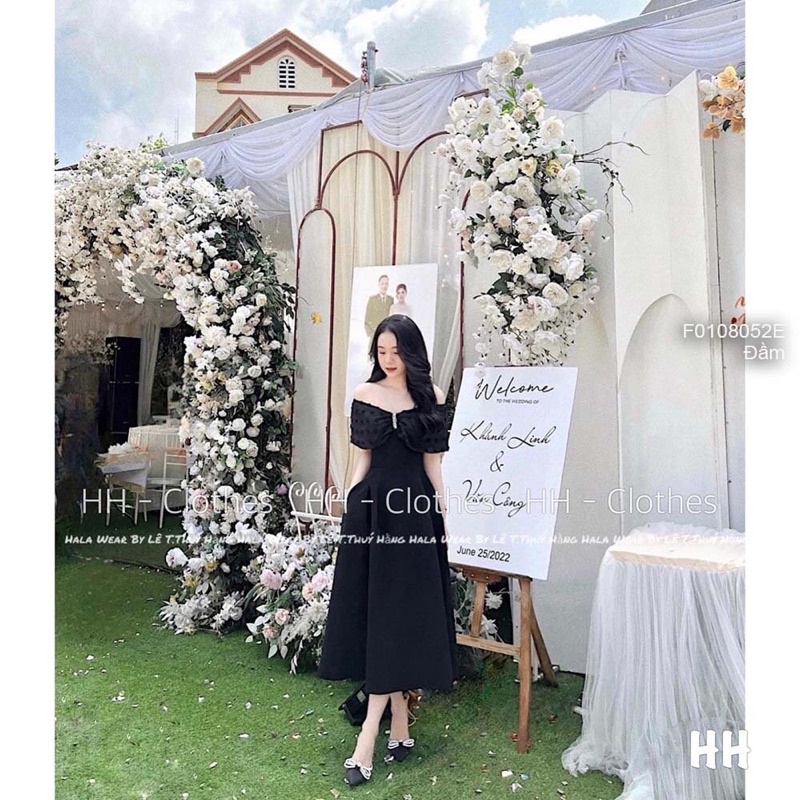 Đầm xòe đen dáng dài nơ ngực phối bông nổi đính ngọc rớt vai!