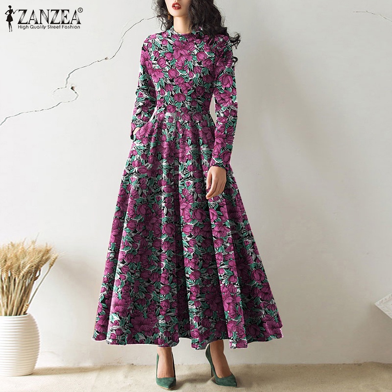 Đầm ZANZEA maxi dáng xòe dài phối khóa kéo lưng tay dài in hoạ tiết vintage cho nữ