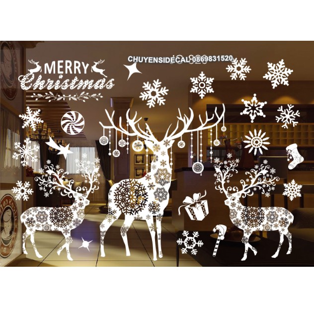 Decal Trang Trí Noel Hai Mặt Hít Tĩnh Điện Không Dơ Kính- Rừng Nai Trắng Hoa Văn