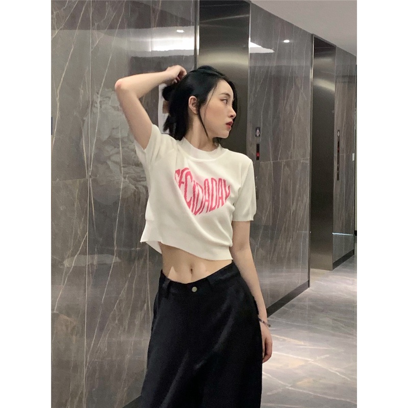 Áo Thun Dệt Kim Dáng Ôm In Chữ Phong Cách Hàn Quốc Thời Trang