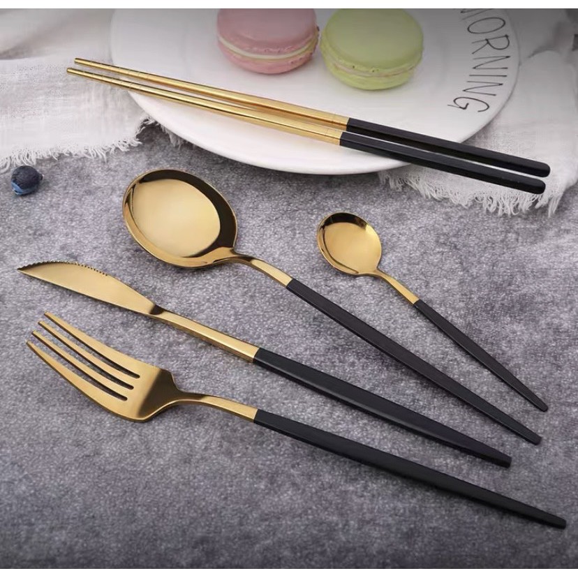 Bộ Thìa, Nĩa, Dao, Muỗng Inox Mạ Vàng Set 4 Sang chảnh