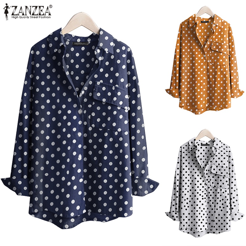 Áo sơ mi ZANZEA tay dài họa tiết chấm bi phong cách cổ điển thời trang dành cho nữ