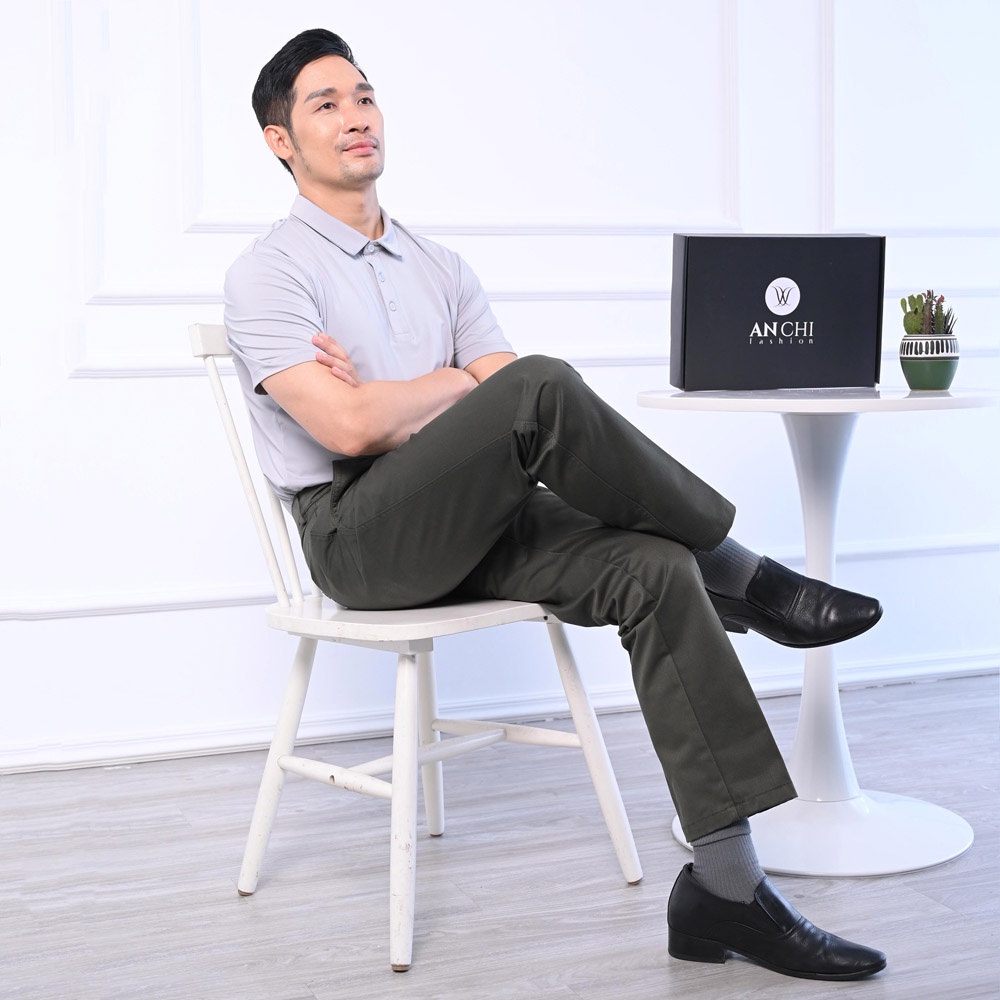 Quần Kaki Nam Trung Niên ANCHI Màu Xanh Rêu Ống Suông Dày Dặn Cao Cấp