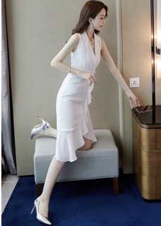 Đầm sơ mi trắng tùng phối bèo, váy dự tiệc (kèm hình thật)