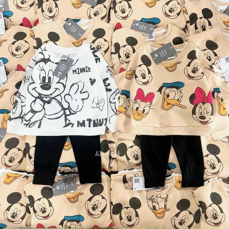 Đồ bộ bé gái nỉ bông dài tay thu đông in hình mickey disney Combo 2 bộ quần áo trẻ em
