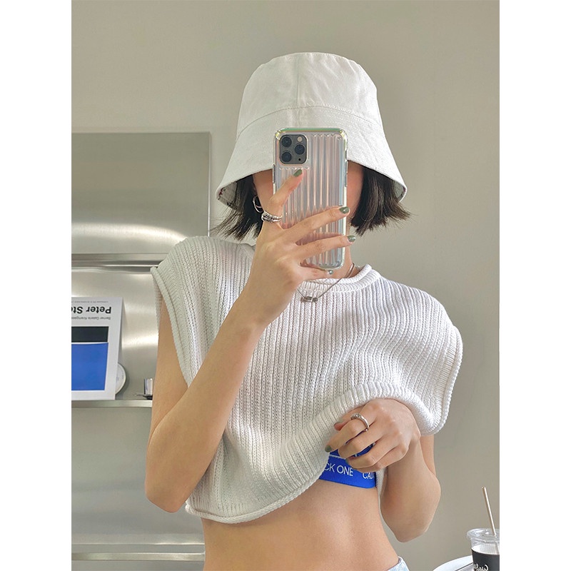 Áo Croptop Dệt Kim Không Tay Cổ Tròn Dáng Rộng Màu Xanh Lá Huỳnh Quang Thời Trang Mùa Hè Dành Cho Bạn Nữ