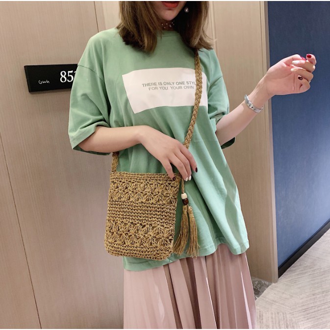 Túi cói Túi cói nữ mini đi biển kèm tua rua siêu xinh