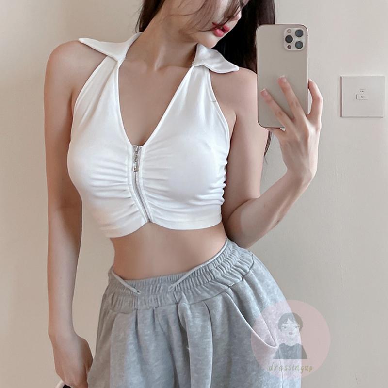 Áo Thun Ba Lỗ Cổ Chữ V Màu Trơn Có Khóa Kéo Thời Trang Mùa Hè Cho Nữ