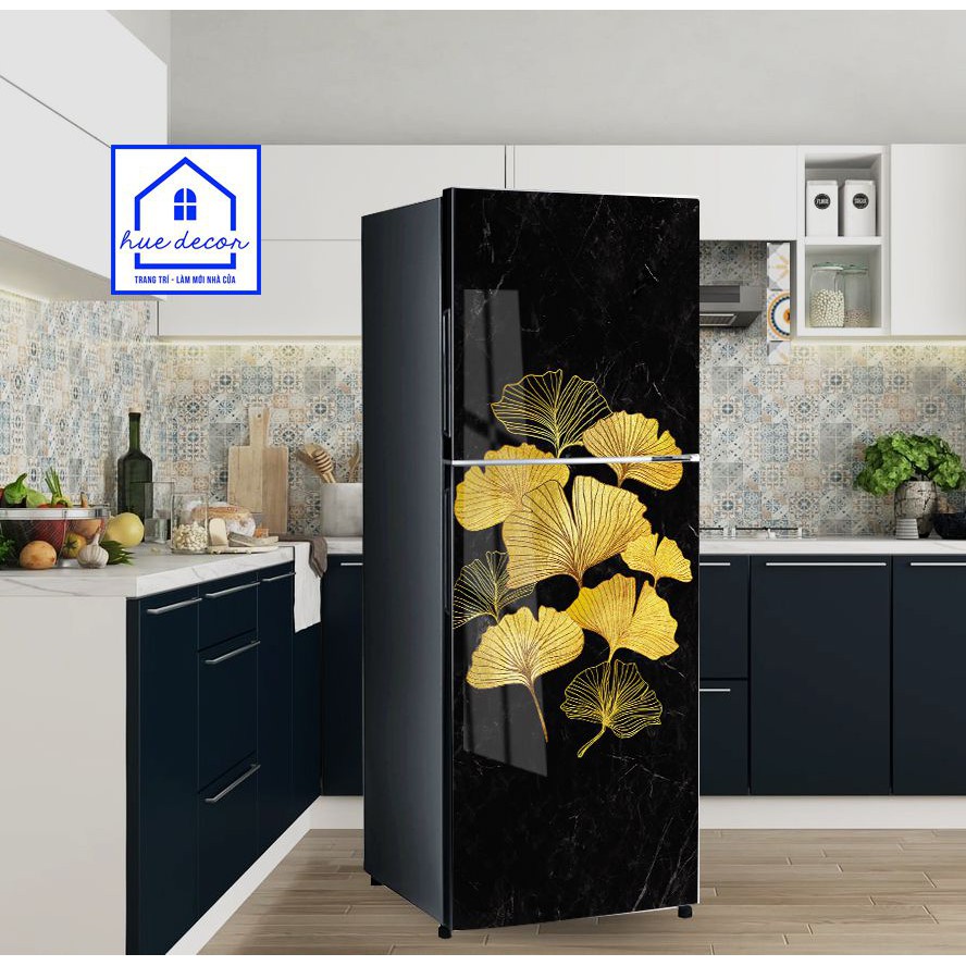 Decal dán tủ lạnh vân đá khảm hoa vàng sang trọng  HUE DECOR  siêu bền, chống nước, đủ  kích thước