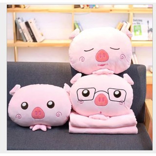Gối mền heo kute 3 trong 1 nỉ nhung, gối chăn văn phòng, gấu bông kèm mền
