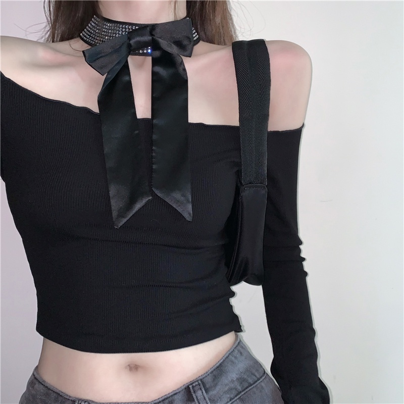 Áo thun COZOK dài tay cổ thắt nơ đính đá lấp lánh quyến rũ