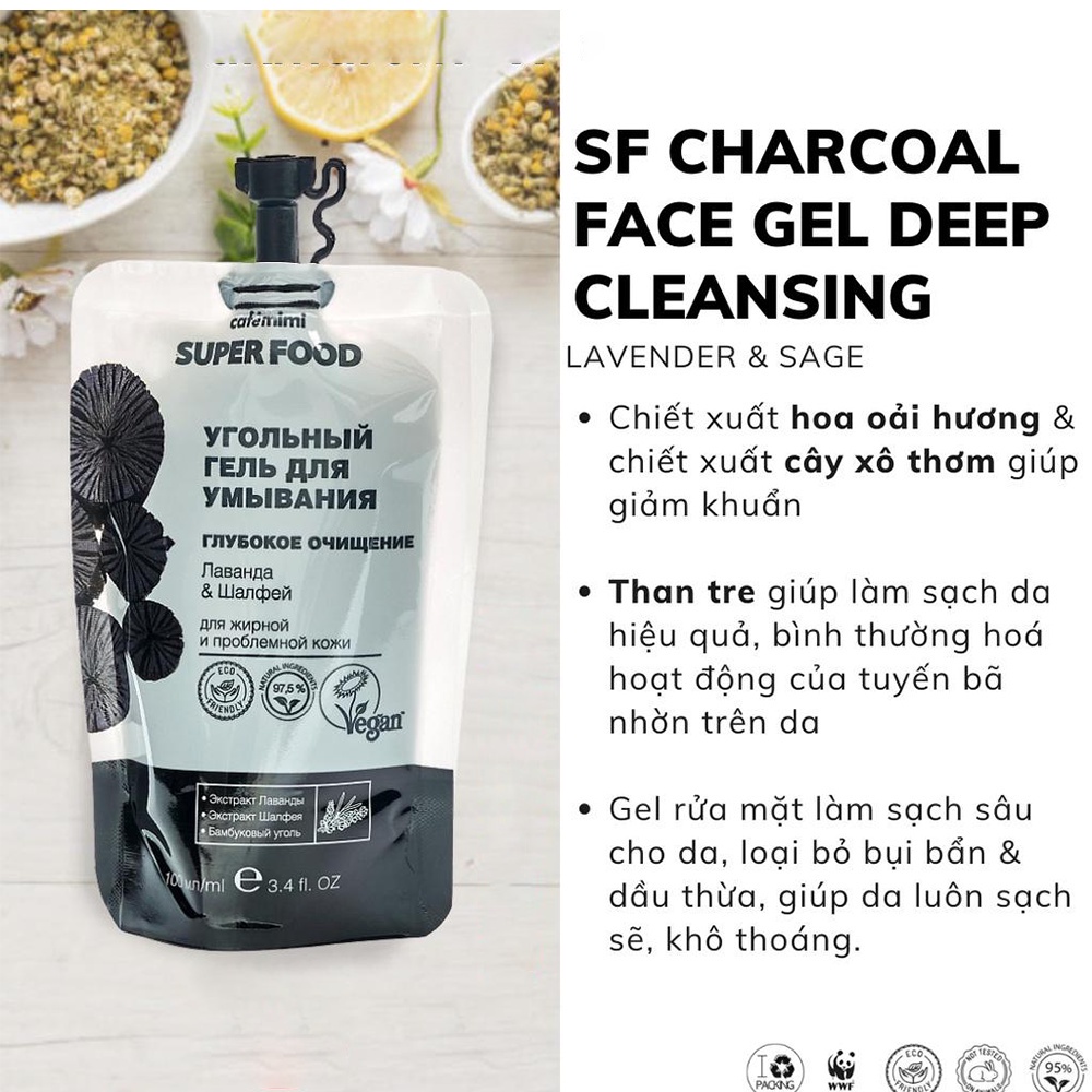 [Cafe Mimi] Gel Rửa Mặt Than Tre Super Food Charcoal Face Gel Deep Cleansing - 100ml