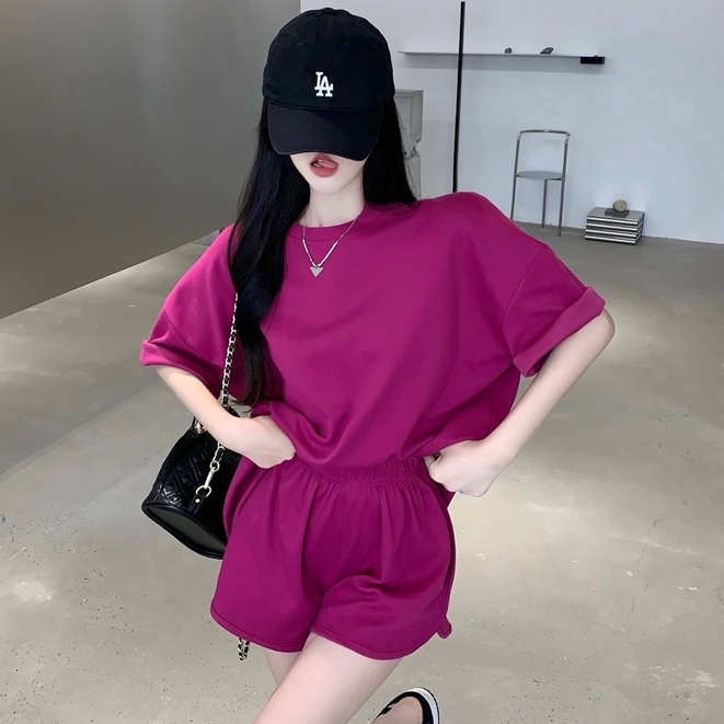 Set Áo Thun Ngắn Tay Cổ Tròn + Quần Short Ống Rộng Lưng Thun Thời Trang Hè Cho Nữ