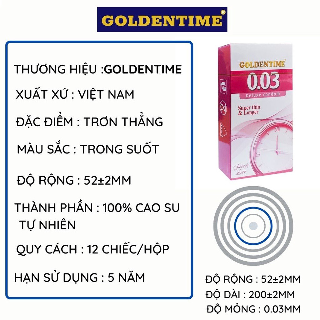 Bao cao su Goldentime 0.03 siêu mỏng chống tuột kéo dài thời gian hộp 12 bao GEMHOME