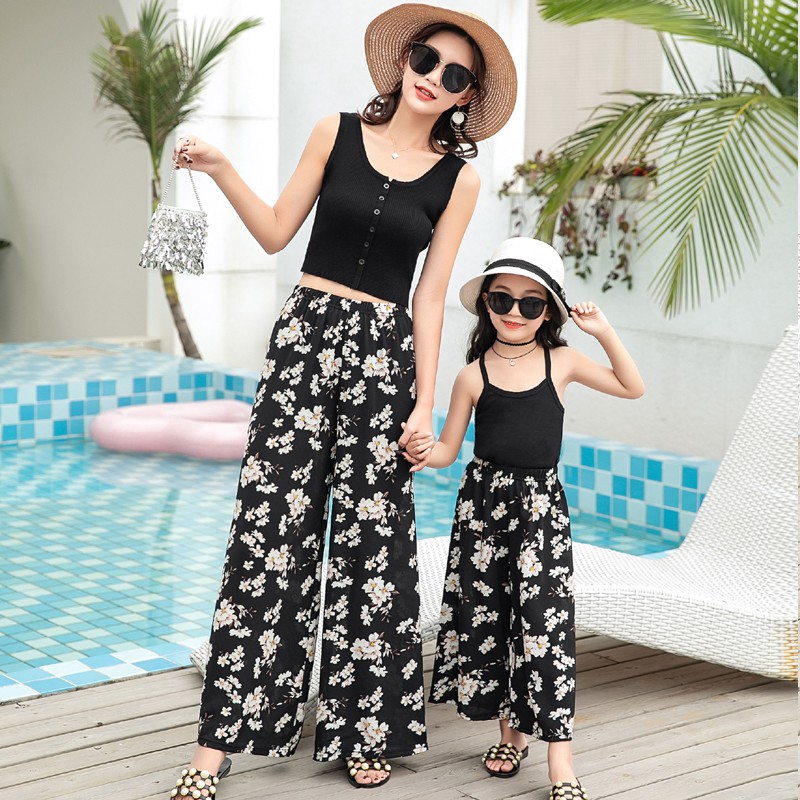 Family Matching Clothing Mother and Daughter Casual Floral Print Long Loose Pants Trousers