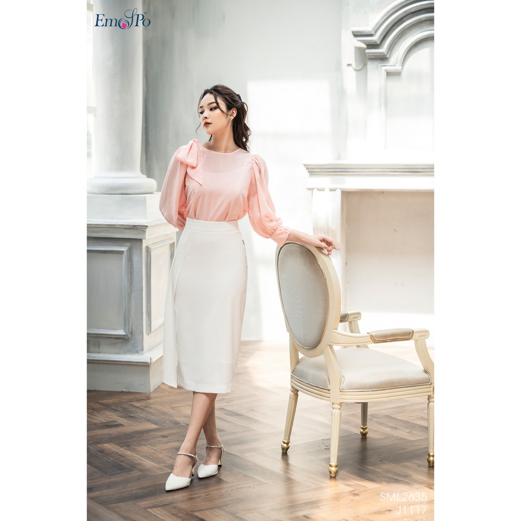 Áo Sơ mi cổ tròn Emspo Milestone, tay bồng, nơ cài, lót áo dây SML2635