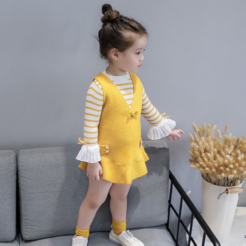 Babyme Autumn Baby Girls Stripe Print Long Flare Sleeve Fake 2 Piece Dress Kids Princess Dresses