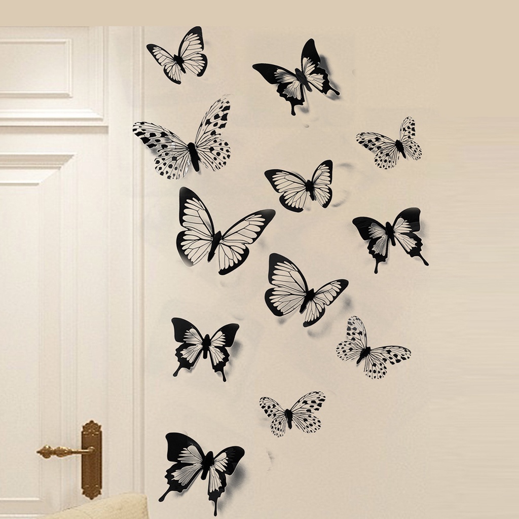 Set 24 miếng dán tường trang trí hình bướm 3D màu trắng đen DIY