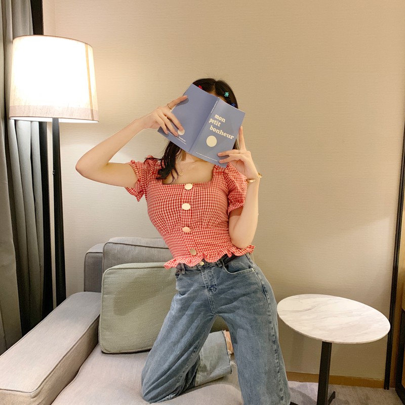 Áo croptop tay phồng hoạ tiết caro ulzzang