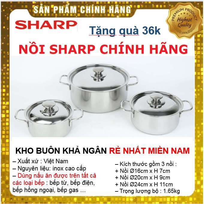 Nồi inox cao cấp SHARP loại 1, đáy dày, dùng mọi loại bếp