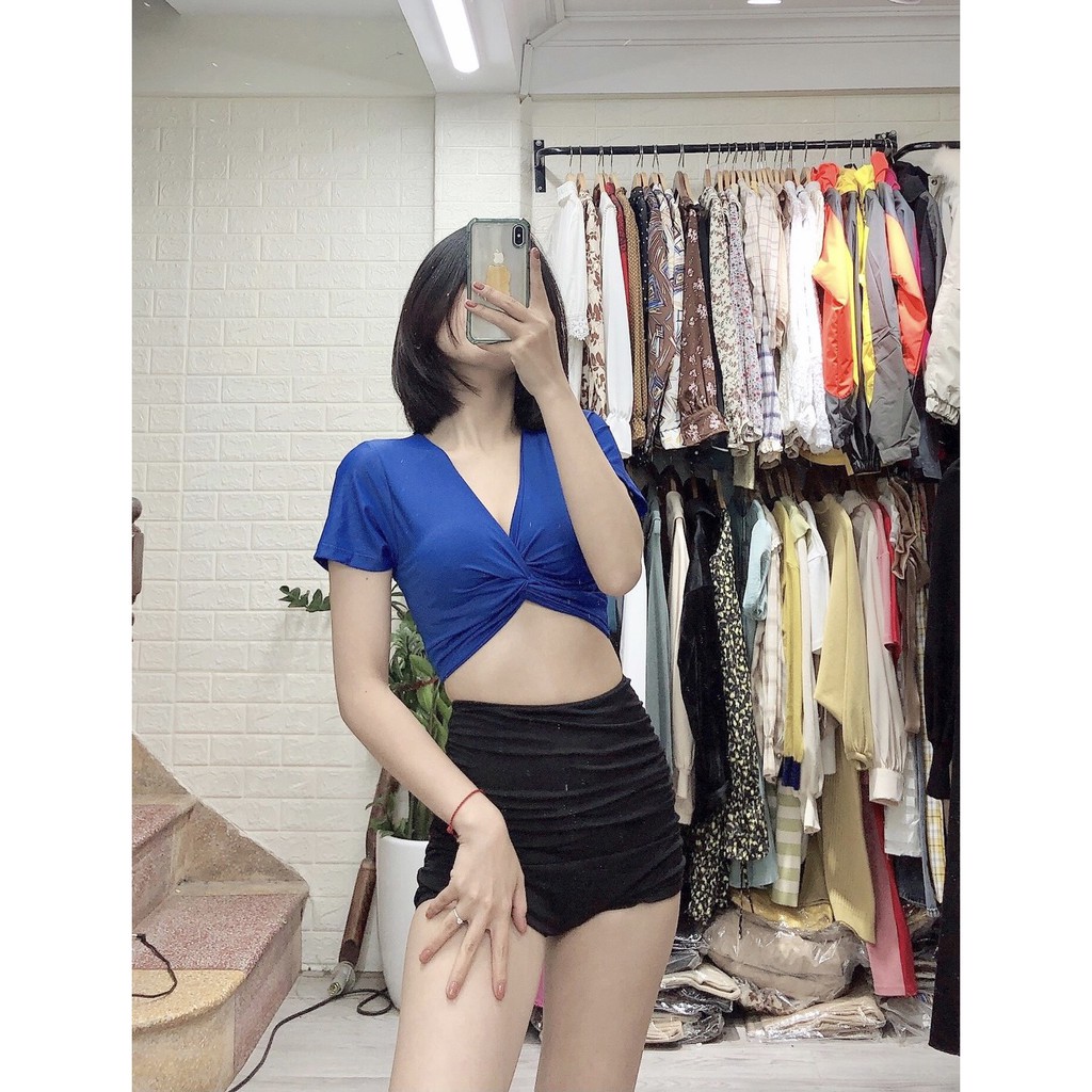 Bikini đồ bơi hai mảnh cộc tay ️Freeship️xanh dương quần đùi cạp cao che bụng mặc đi biển đi bơi mới nhất