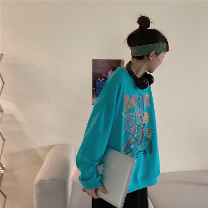 Áo sweater nữ dài tay in họa tiết DHM phom rộng unisex/ Áo nỉ cổ tròn tay bồng dáng thụng ulzzang | BigBuy360 - bigbuy360.vn
