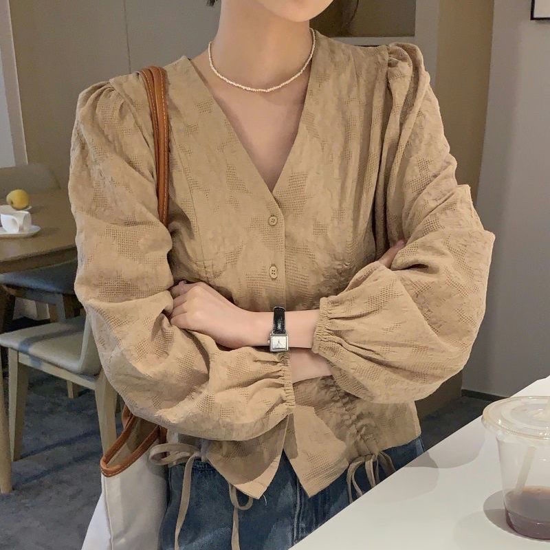 Áo sơ mi dài tay cổ chữ V thiết kế mới thời trang mùa thu dành cho nữ