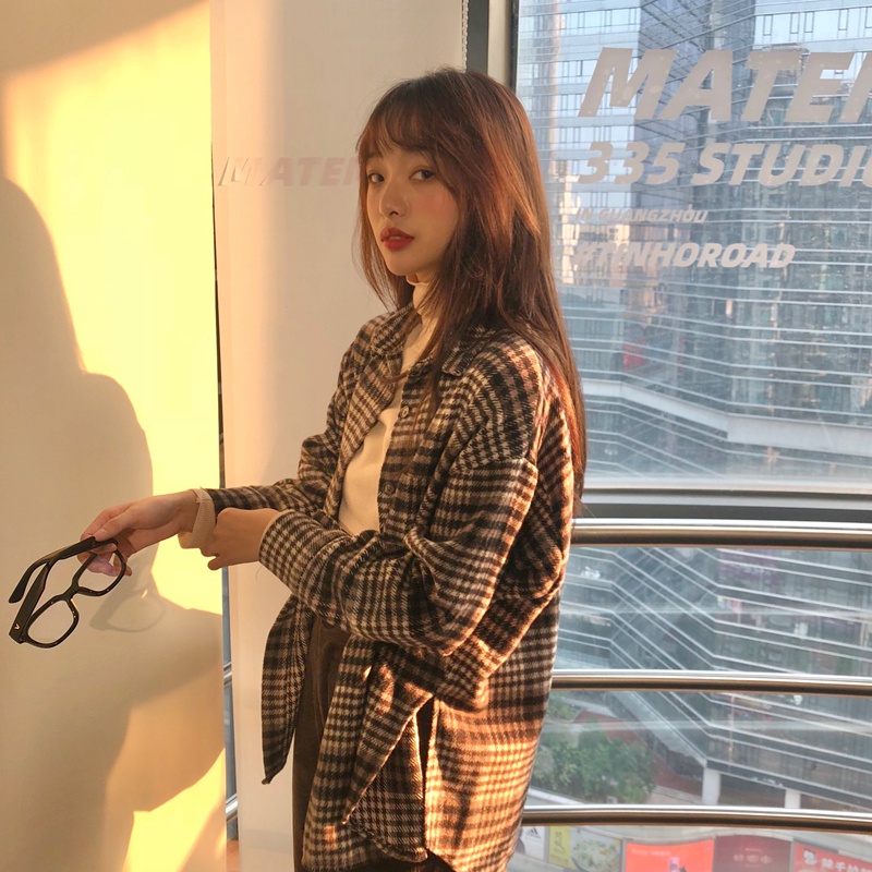 SUXI Áo sơ mi caro tay dài dáng rộng thiết kế mới phong cách Hàn Quốc